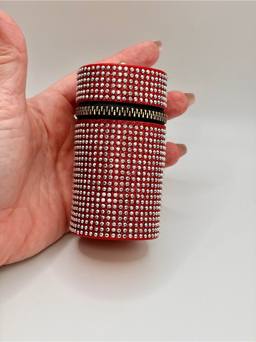 Red Rhinestone Studded Keychain Cylinder Pouch